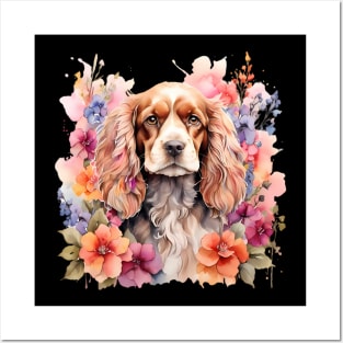 An american cocker spaniel decorated with beautiful watercolor flowers Posters and Art